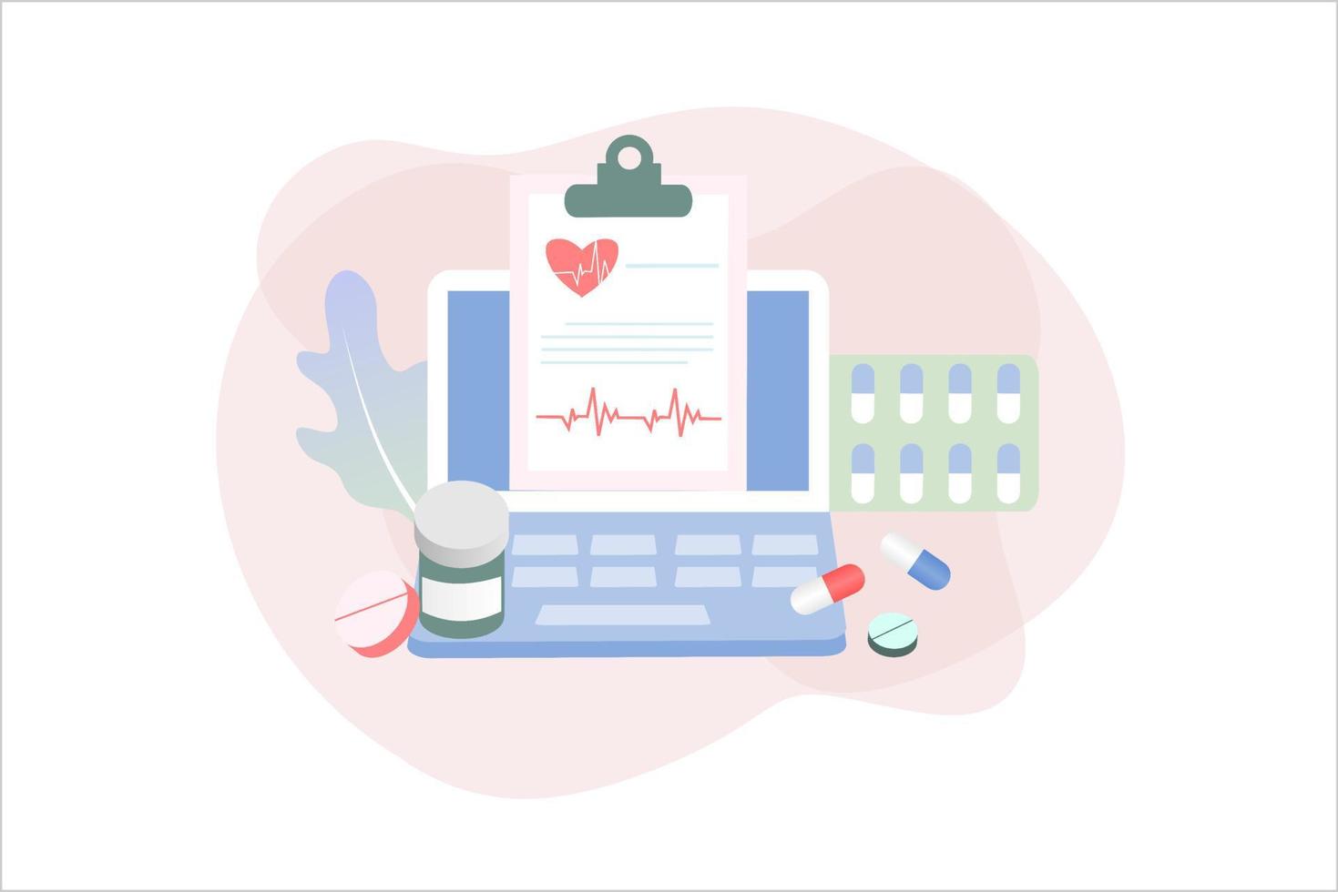 Online pharmacy concept of healthcare, drugstore and e-commerce. Flat Vector illustration of prescription drugs, first aid kit and medical supplies being sold online via web or computer technology.
