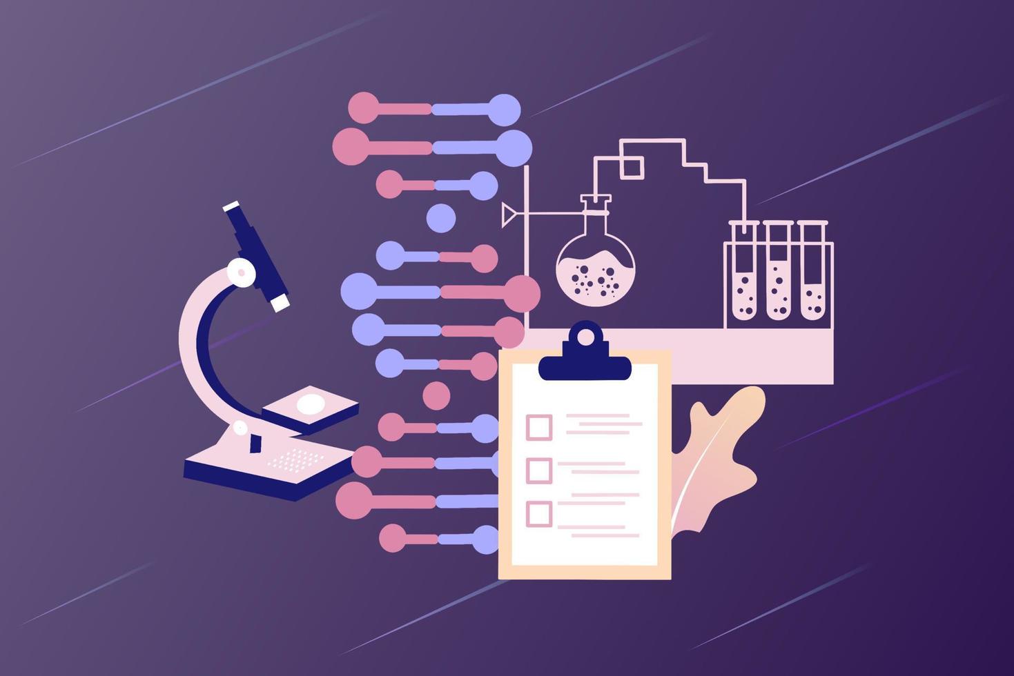Vaccine research and health care development business concept. Vaccine discovery from pharma industry with medical equipment for virus, illness and disease. Flat vector for web, banner, infographics.