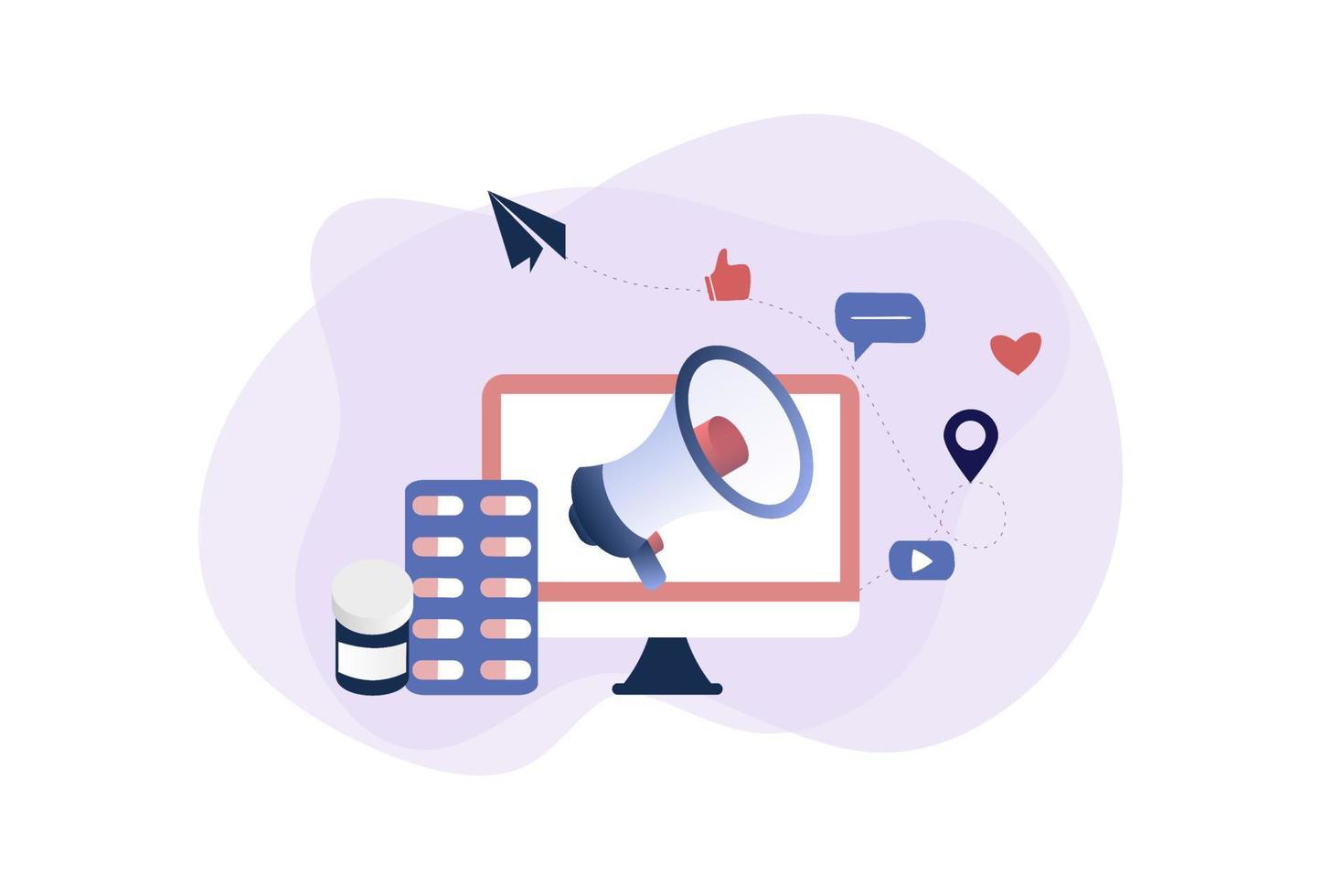 Pharmacy concept. Pharmaceutical representative with computer and medicine. Pharmaceutical marketing, drugs advertising, medication industry. Flat vector for web banner, infographics, hero images.