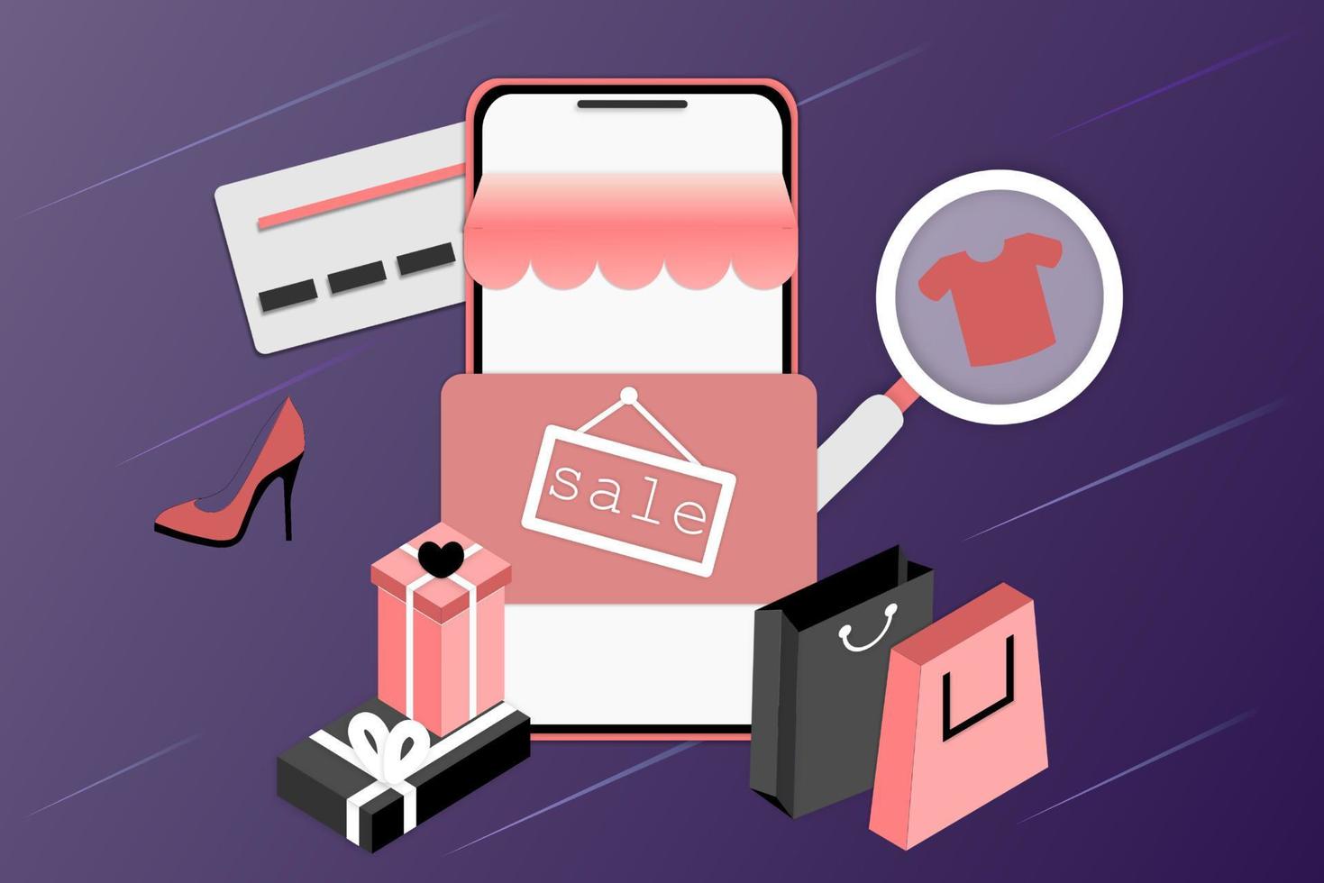 3D realistic online shopping on landing web page or mobile application concept of vector digital marketing template. Isometric digital store promotion, payment, delivery, big sale, ads, discount.