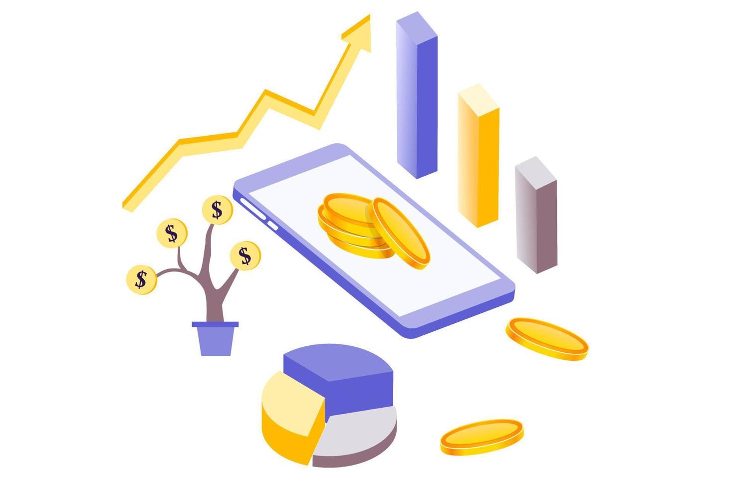 Business investment template. Money investing, portfolio income, capital gain, money saving, financial analysis and safety situation. Web page commerce solution for investment vector illustration.