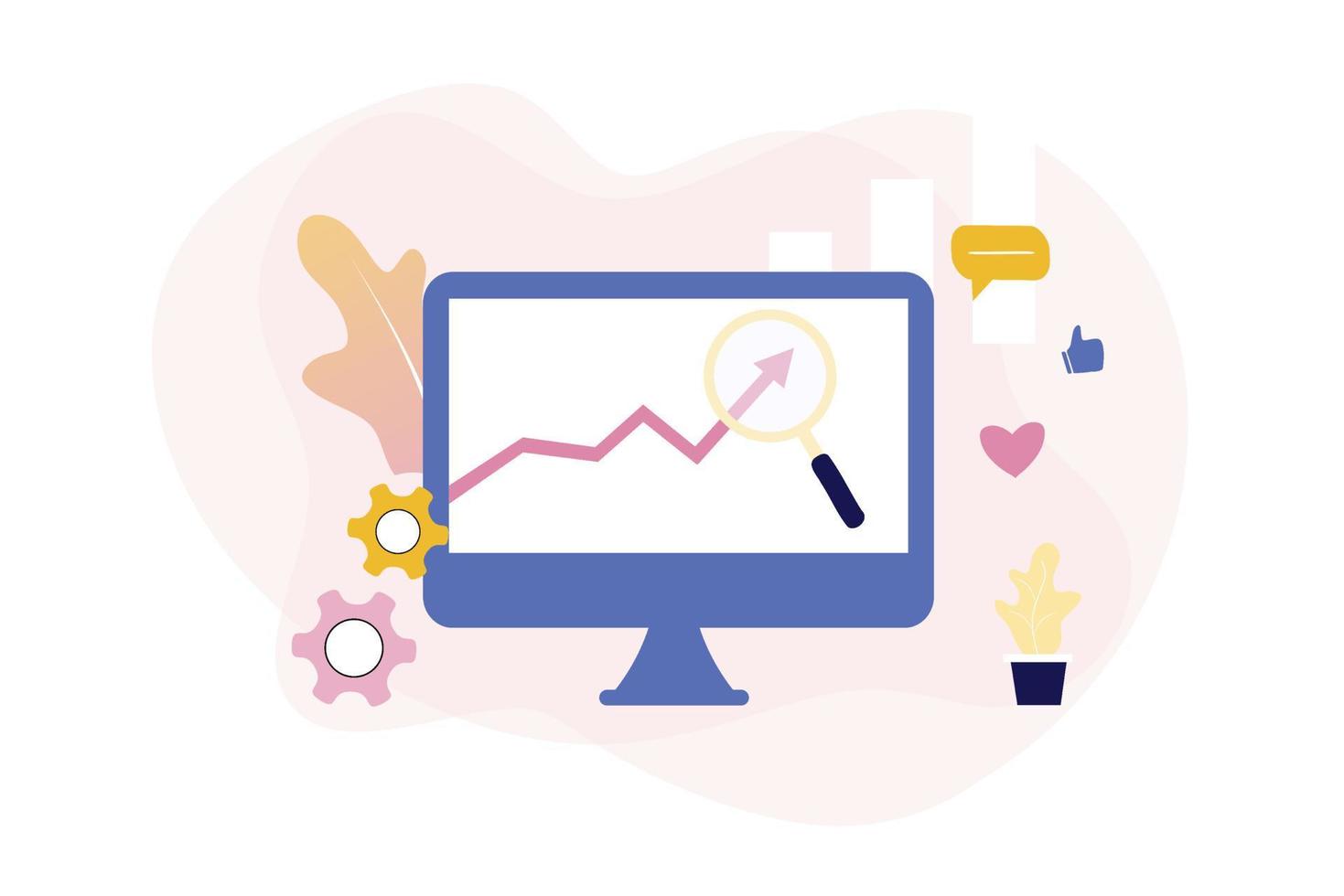 Flat vector illustration of trending research, market research, global trending, technical support, business planning, data analysis, stock market analytics, online statistic, keyword for web template