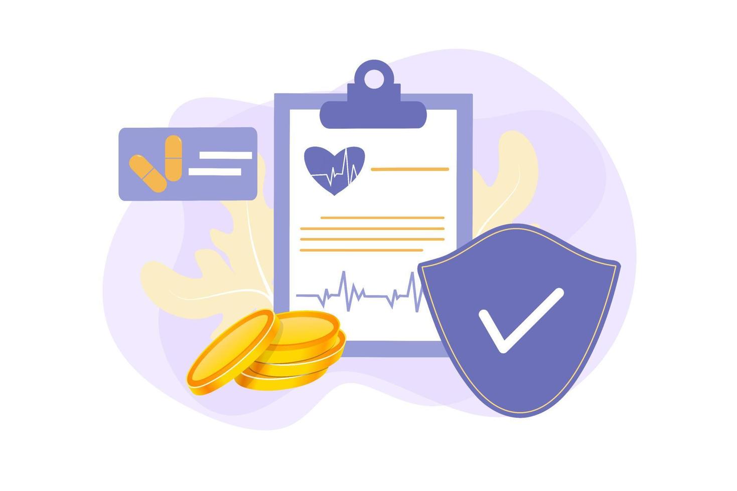 Health insurance. Concept of medical insurance and life insurance. Protection of health and life of people with document of insurance. Healthcare, finance and medical service. Flat vector illustration