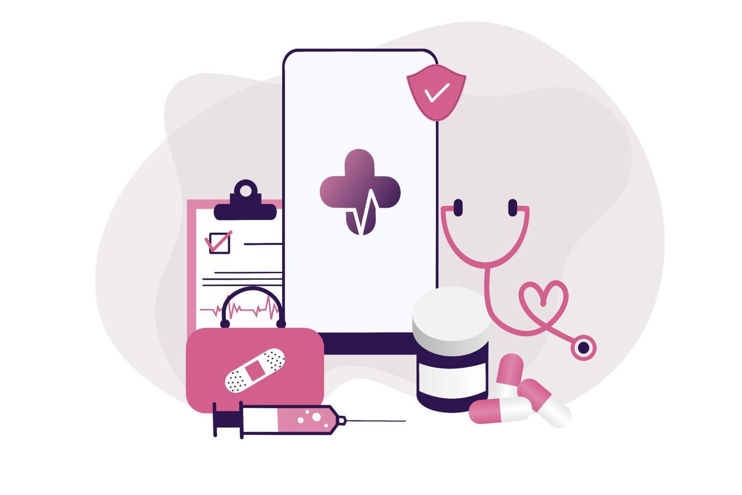 Ilustración plana de salud en línea. Consulta médica y tratamiento en línea a través de una aplicación de teléfono inteligente o una clínica de internet conectada a una computadora. Pregunte en línea a la tecnología de consulta médica en vector móvil.