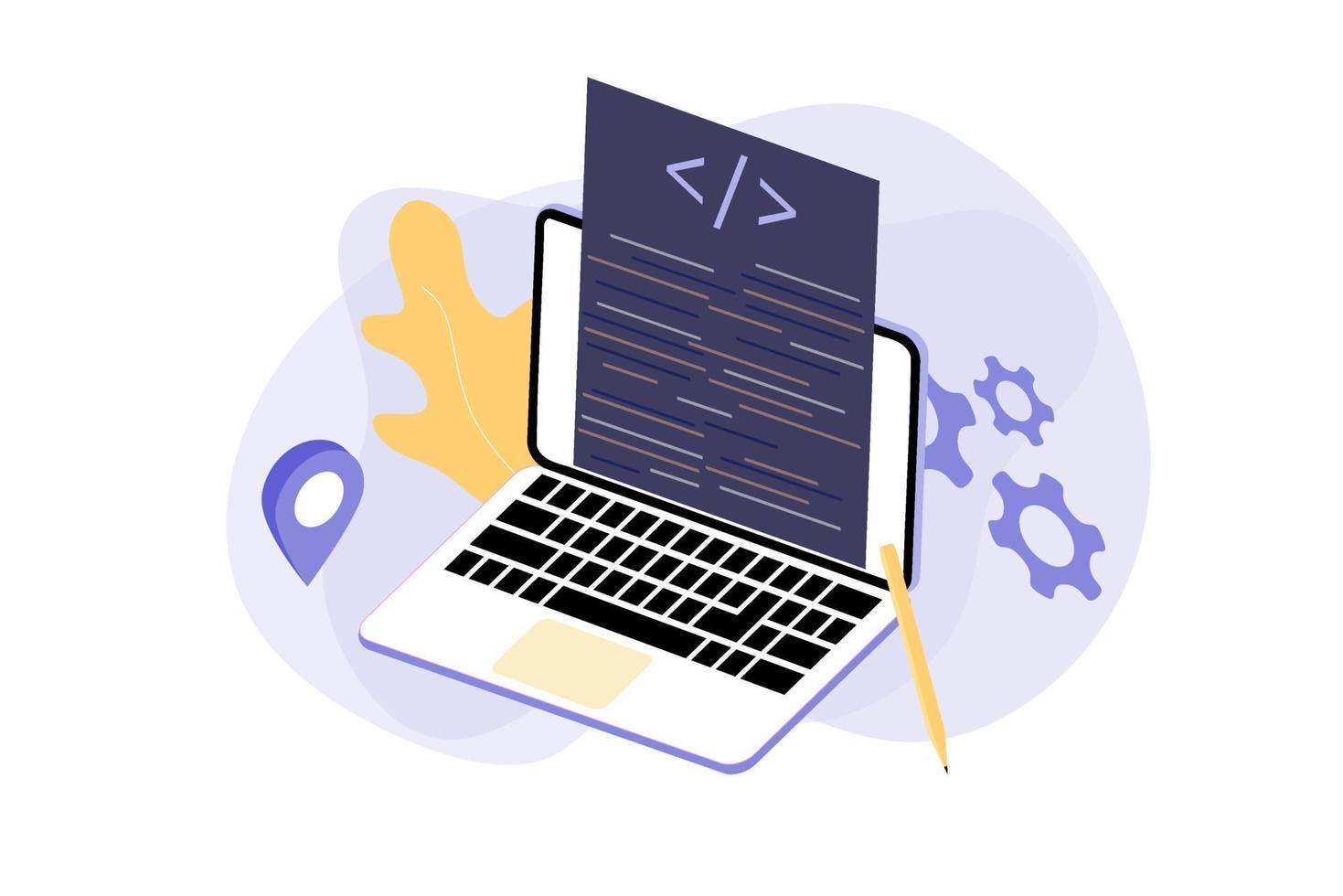 página de inicio del concepto de proceso de codificación de desarrollo de software. diseñador, programación, pruebas de código multiplataforma, aplicación. crear, editar sitio web de script y dispositivos móviles. software de tecnología de negocios vector