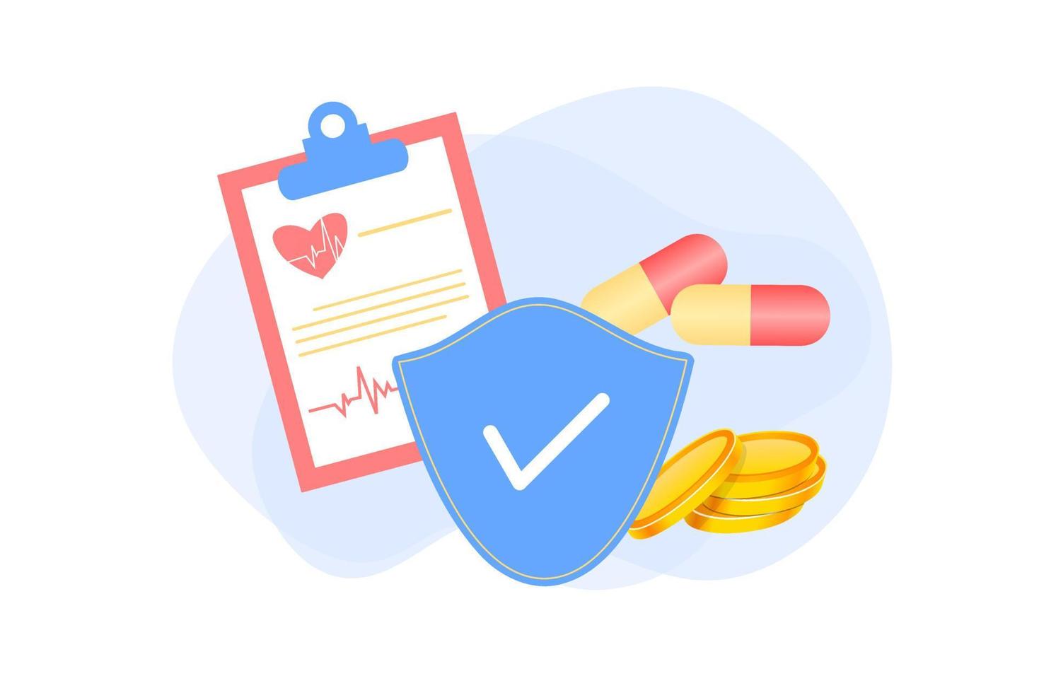 Landing page of health insurance. Concept of medical insurance and life insurance. Protection of health and life of people with document insurance. Healthcare, finance and medical service web design. vector
