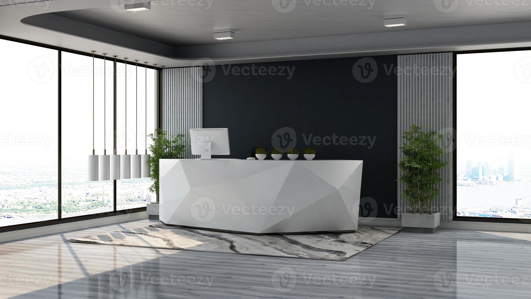 3D Rendering Futuristic Reception Room or Front Desk Mockup photo