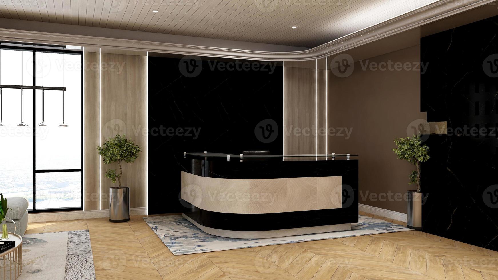 3D Rendering Futuristic Reception Room or Front Desk Mockup photo