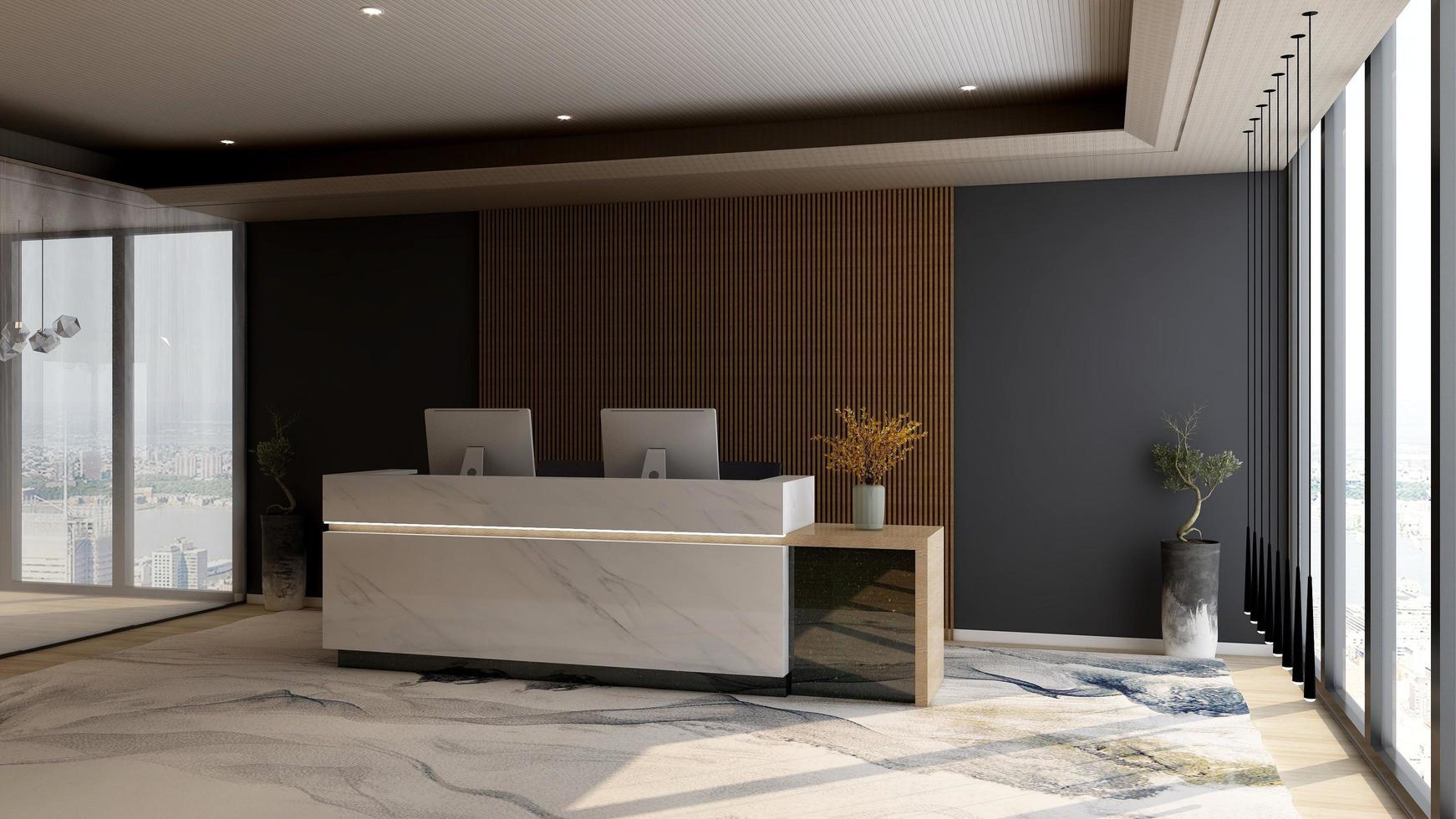 3D Rendering Futuristic Reception Room or Front Desk Mockup photo