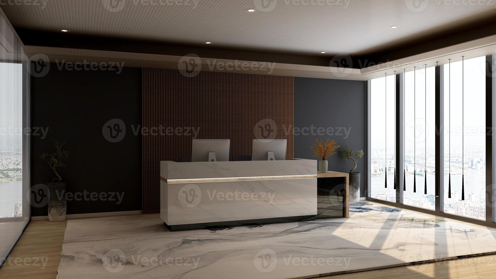 3D Rendering Futuristic Reception Room or Front Desk Mockup photo