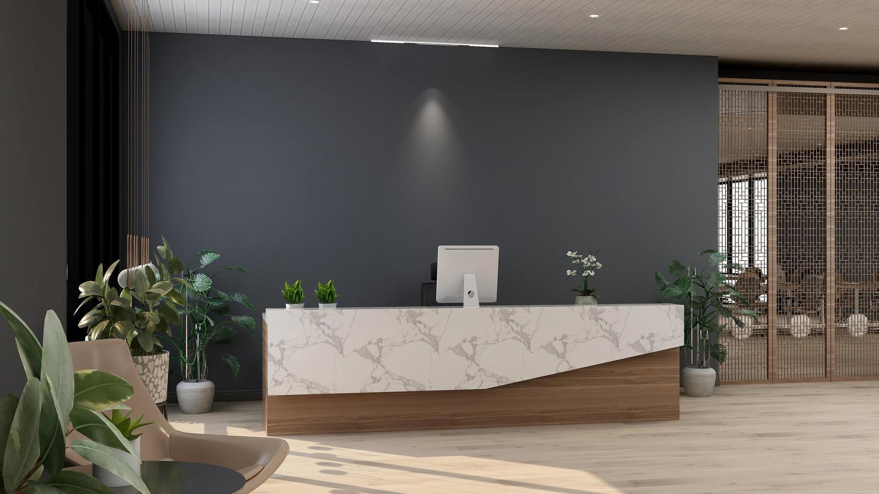 3D Rendering Futuristic Reception Room or Front Desk Mockup photo