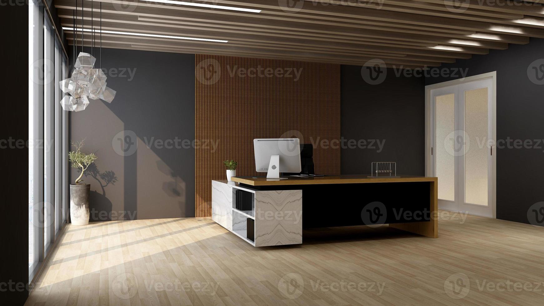 Habitación minimalista de oficina 3d con interior de diseño de madera. foto