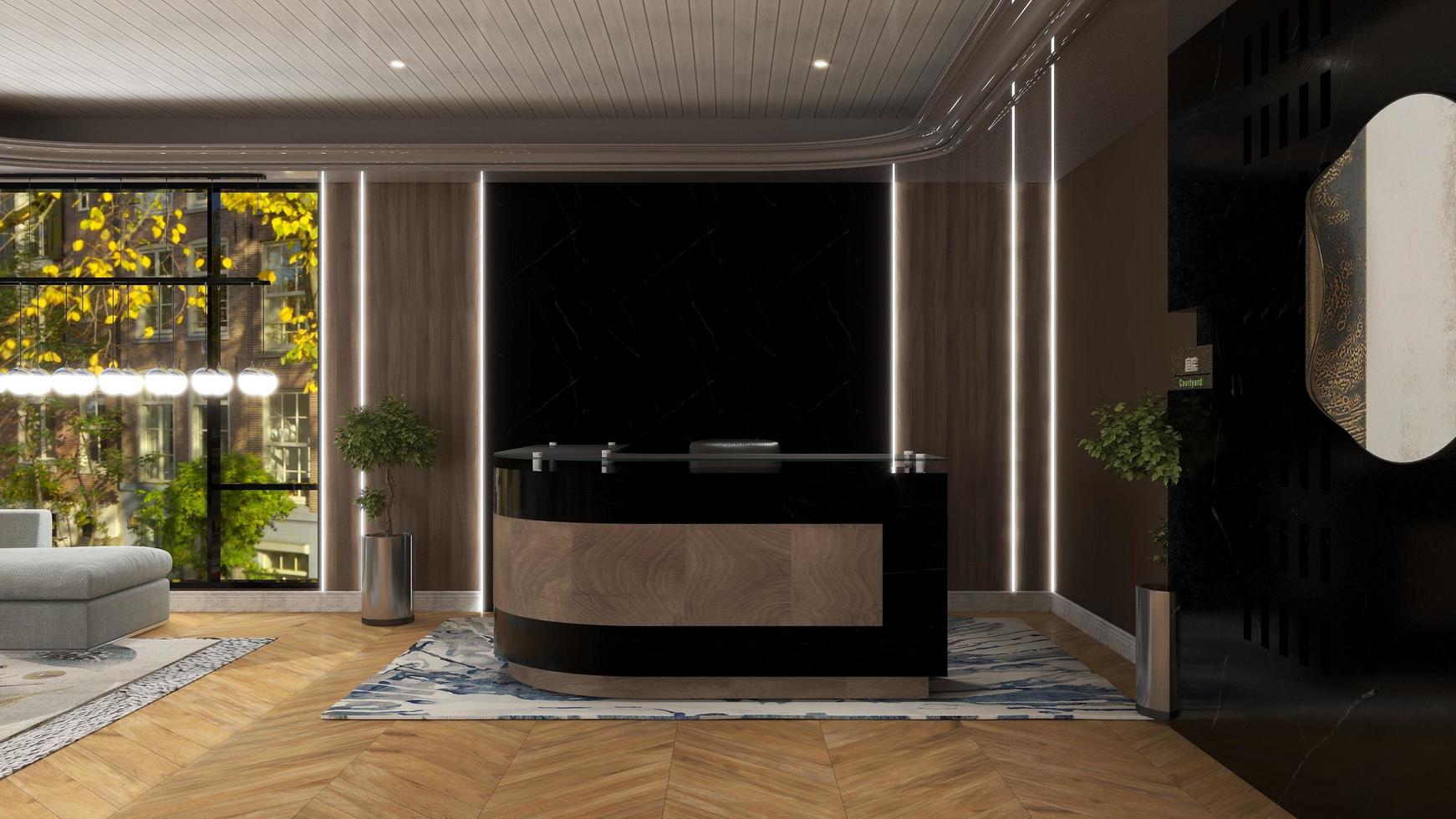 3D Rendering Futuristic Reception Room or Front Desk Mockup photo