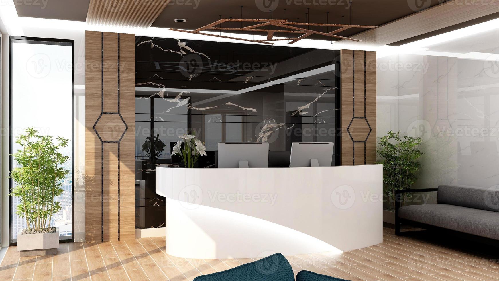 3D Rendering Futuristic Reception Room or Front Desk Mockup photo