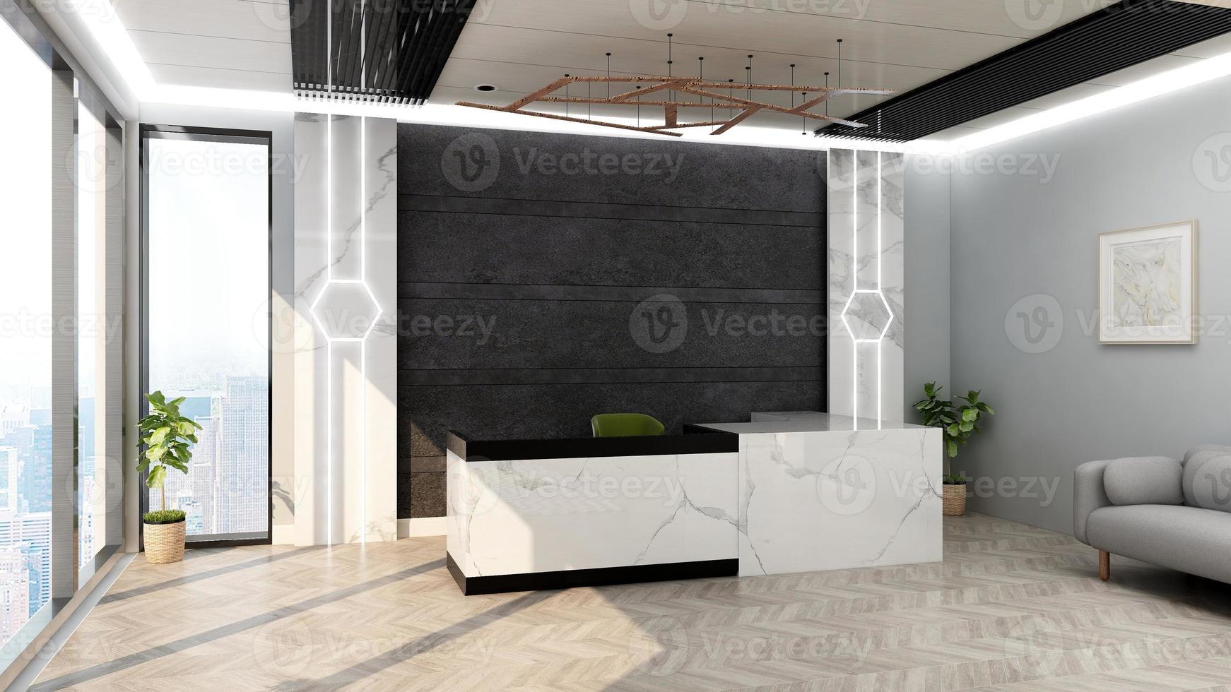 3d render luxury office reception or front desk interior design for logo mockup photo