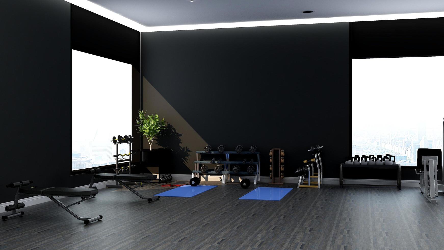 Maqueta de pared de sala de gimnasio o fitness moderno de renderizado 3d foto