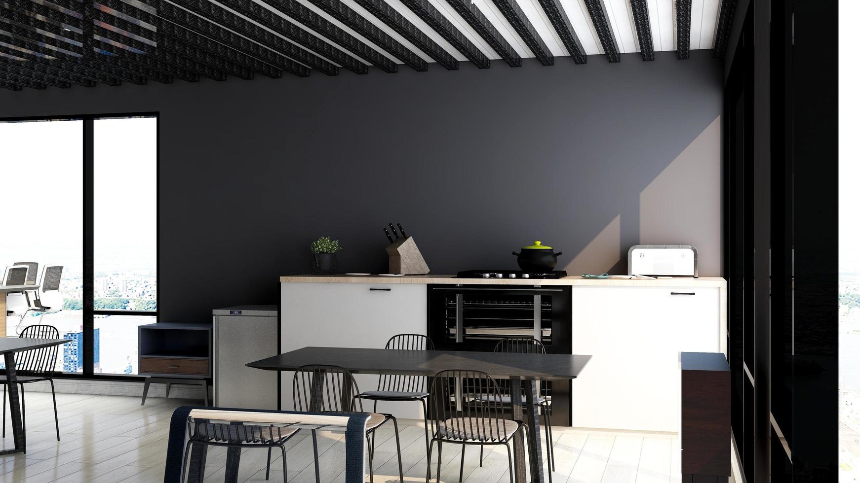 Render 3d de despensa de oficina minimalista - concepto de barra de cocina de diseño interior foto