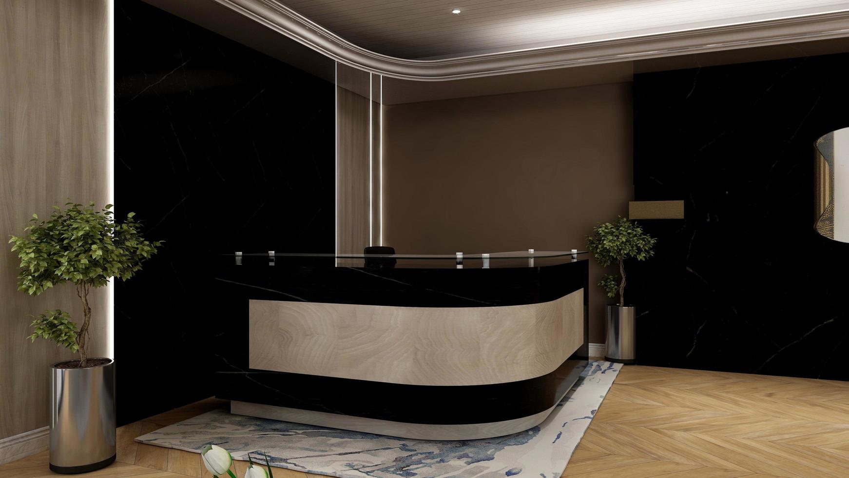 3D Rendering Futuristic Reception Room or Front Desk Mockup photo