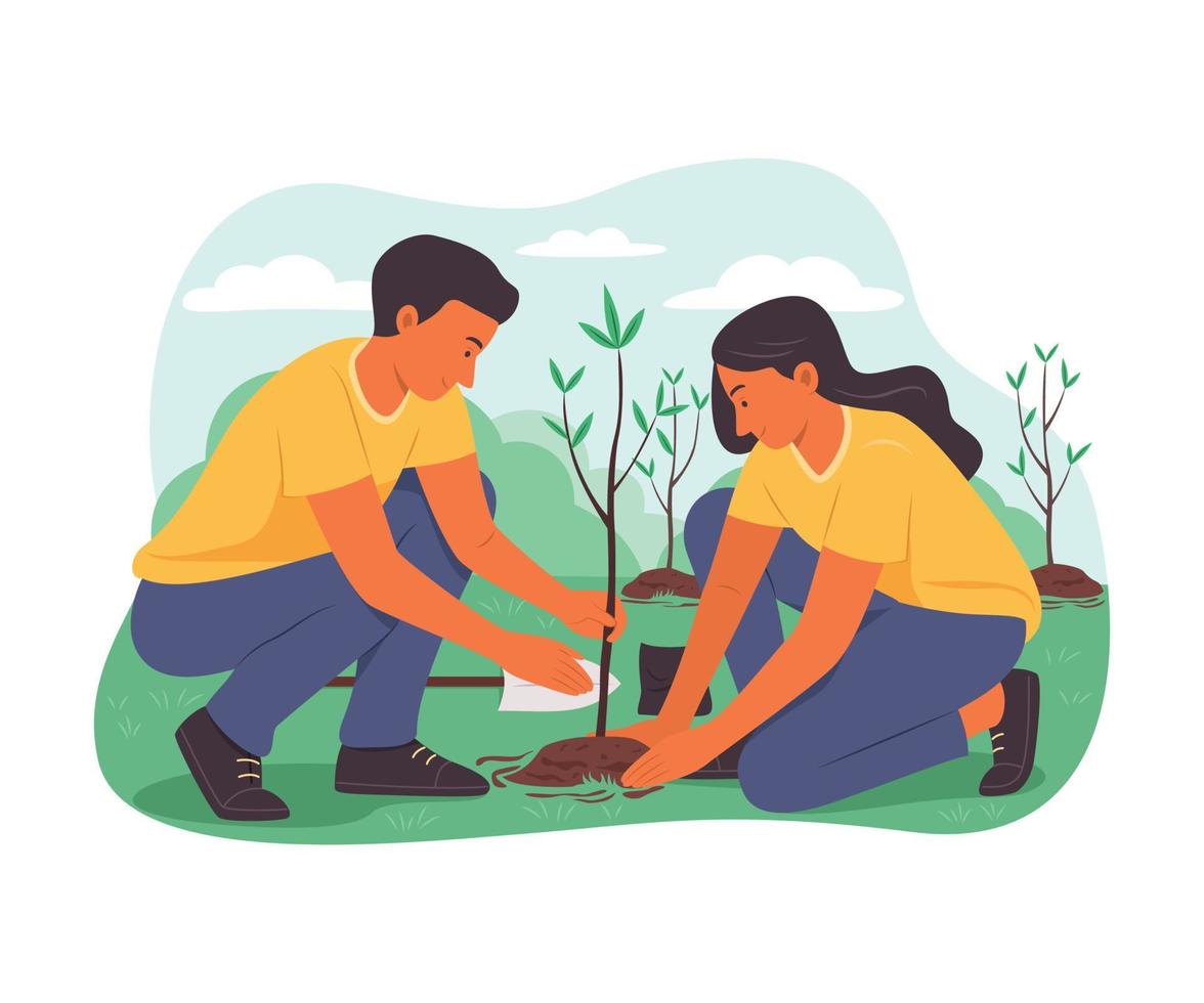 voluntarios plantando el árbol. vector