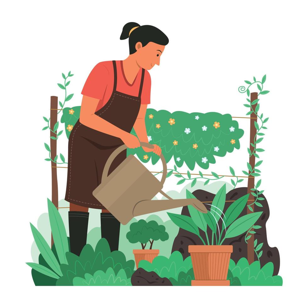 mujer regando plantas en el jardín. vector