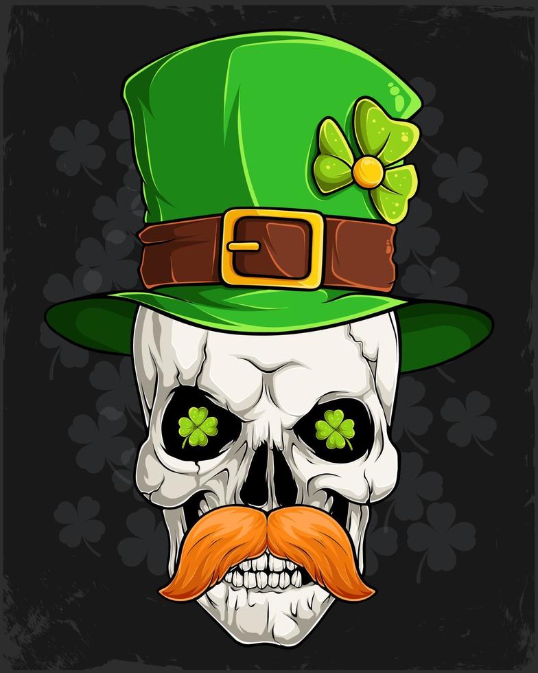 cabeza de cráneo humano del día de san patricio con sombrero de duende y bigote irlandés vector