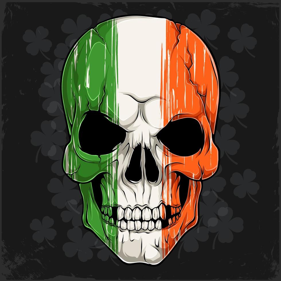 cabeza de cráneo humano con patrón de bandera irlandesa, cabeza de cráneo del día de San Patricio, bandera de Irlanda grunge vector