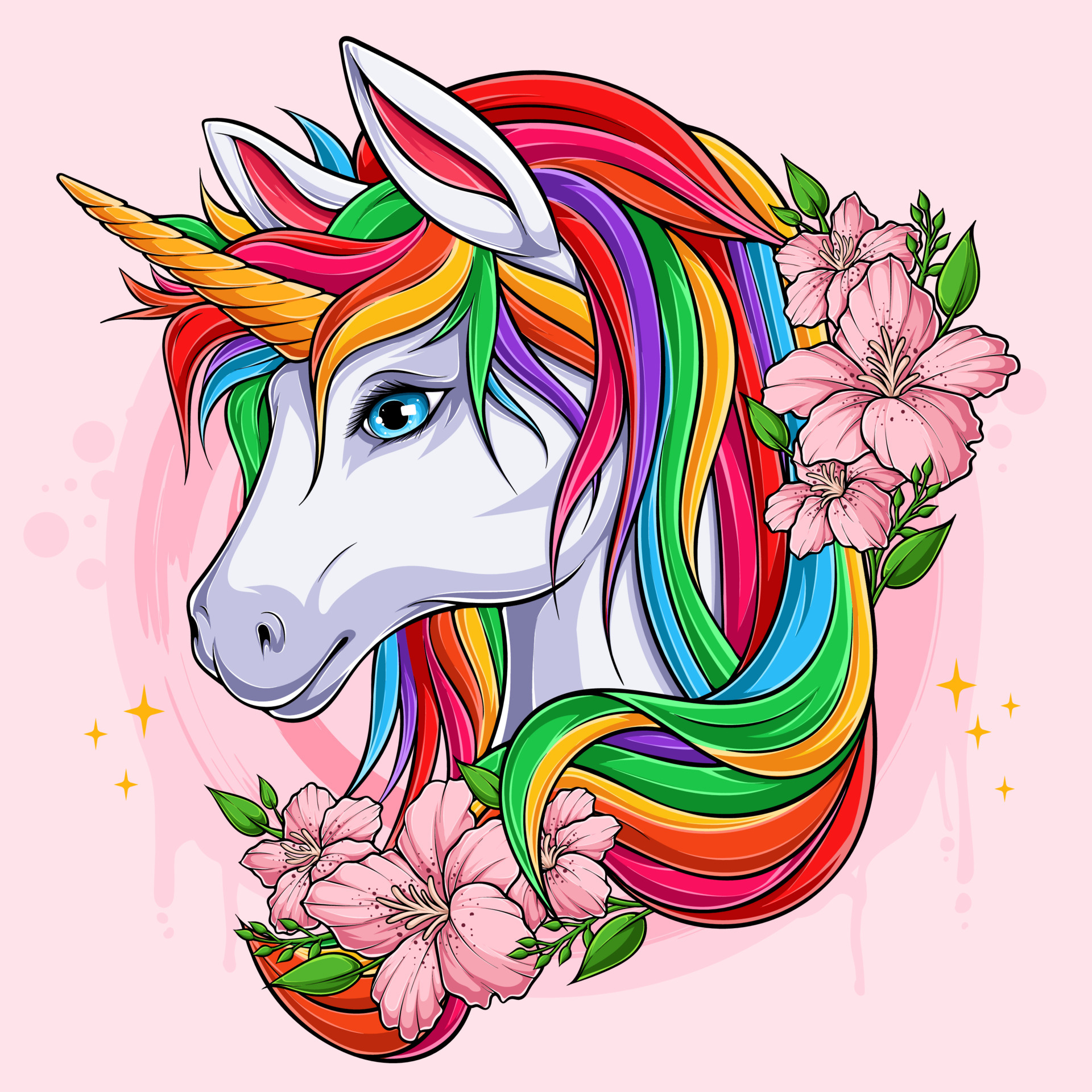 Pretty unicorn head fantasy character with pink flowers and colored