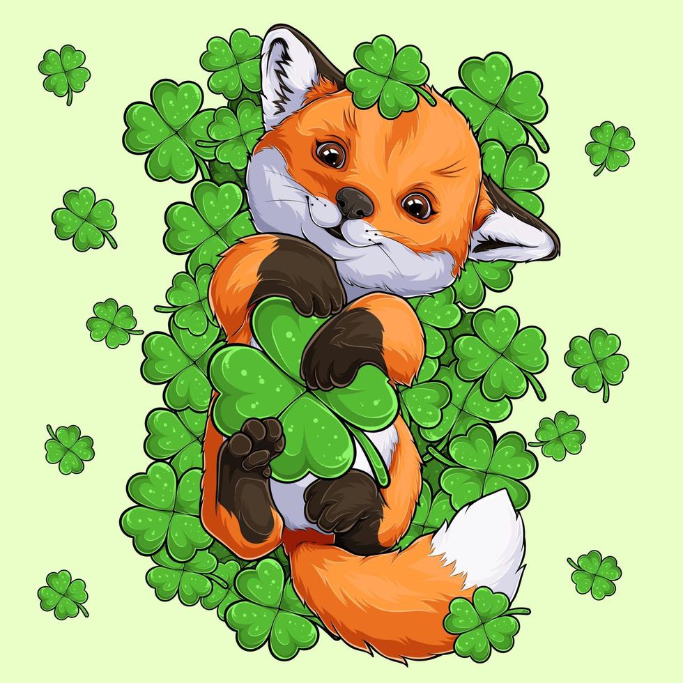 St Patrick's day lucky fox sleeping on a big set of clovers and holding a big four-leaf clover vector
