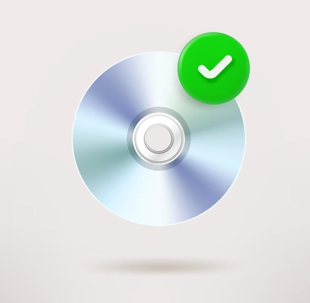 Musical compact disc icon with checkmark. 3d vector icon
