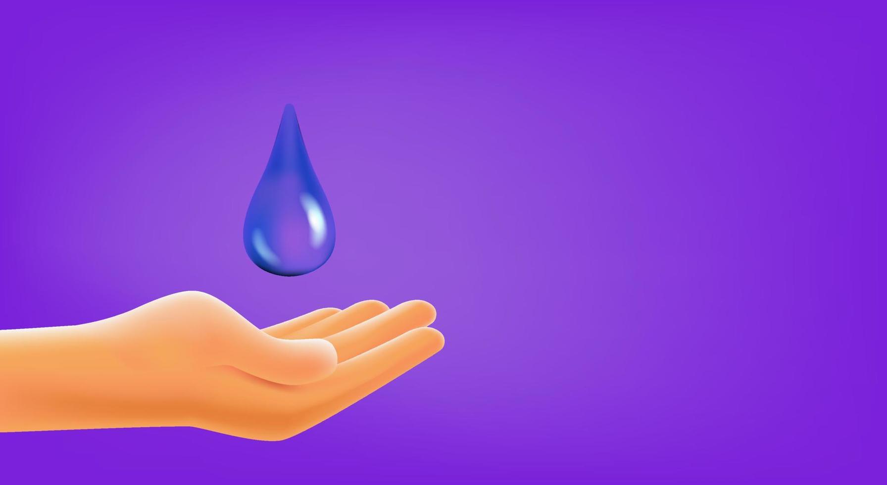 mano humana con gota de agua. concepto de lavado de manos. concepto de vector de estilo 3d