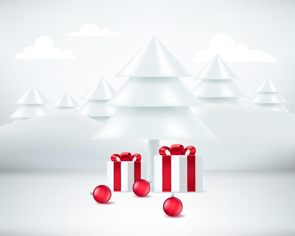 Christmas showcase with gift boxes and red baubles. 3d style vector illustration