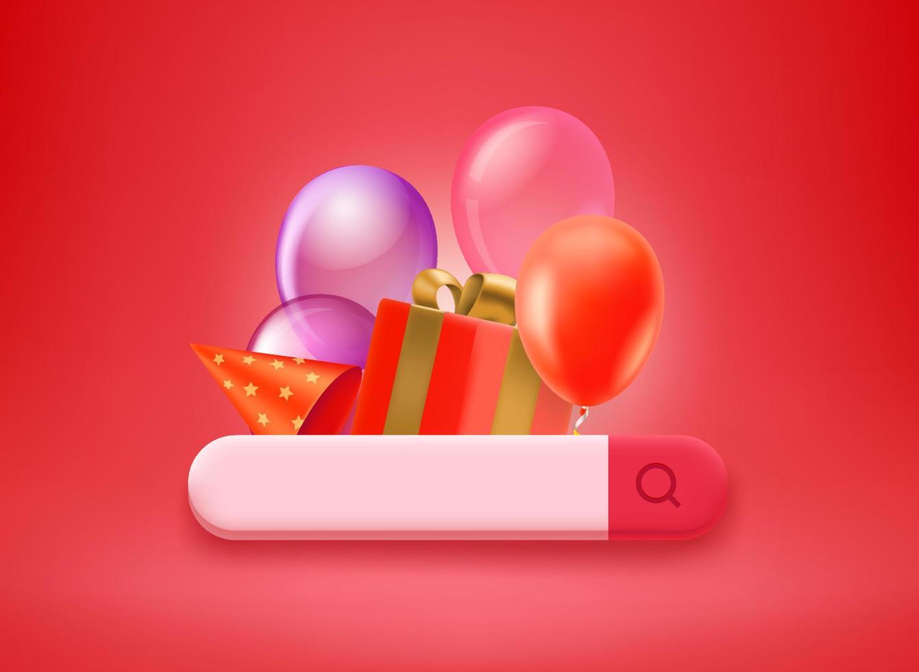 Searching for holiday presents concept. Gift box and air balloons with searching bar. 3d vector illustration