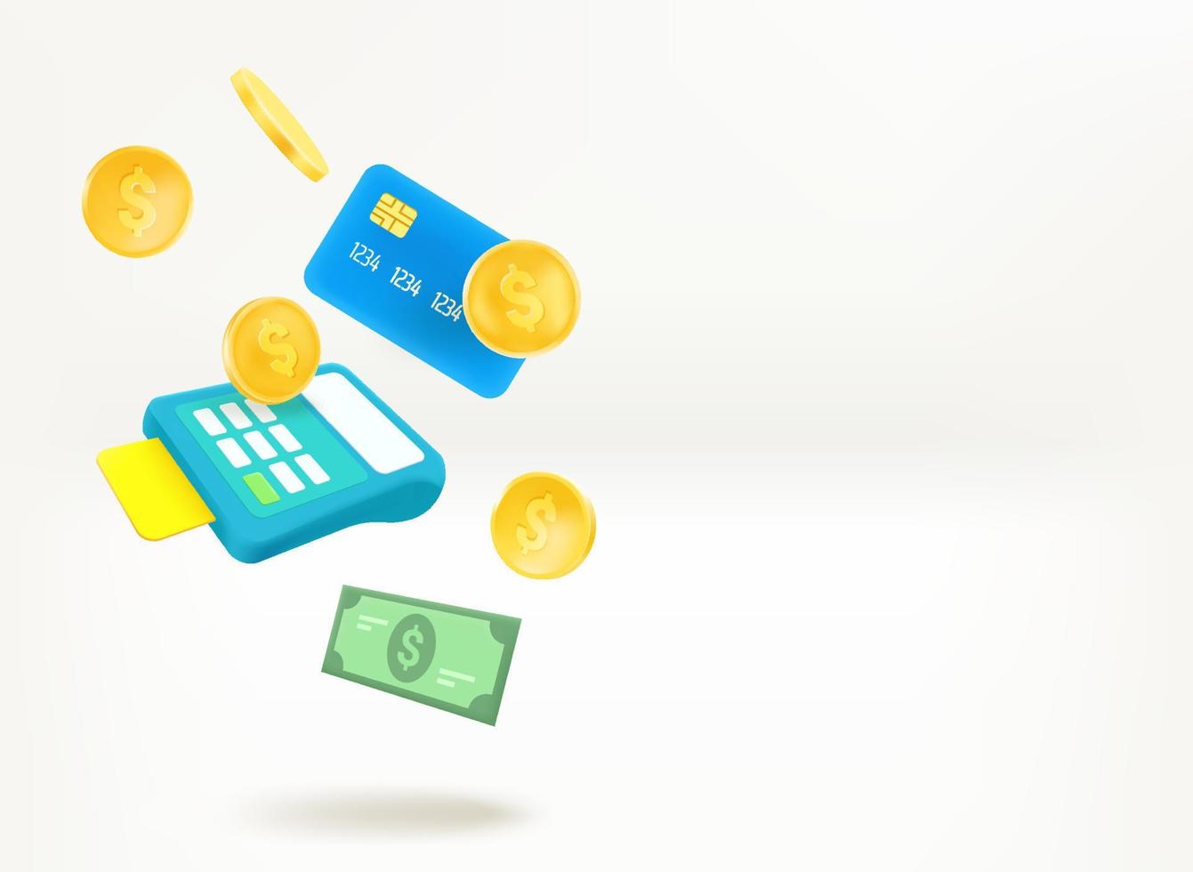 Shopping and ecommerce concept with payment terminal and money. Banner with copy space vector