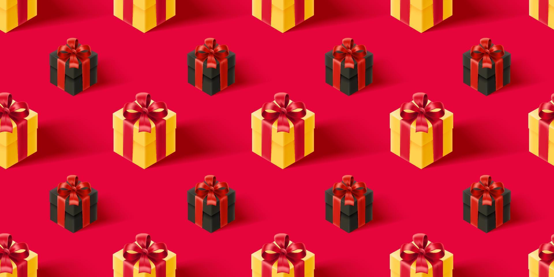 Red seamless background with black gift boxes. 3d vector seamless pattern