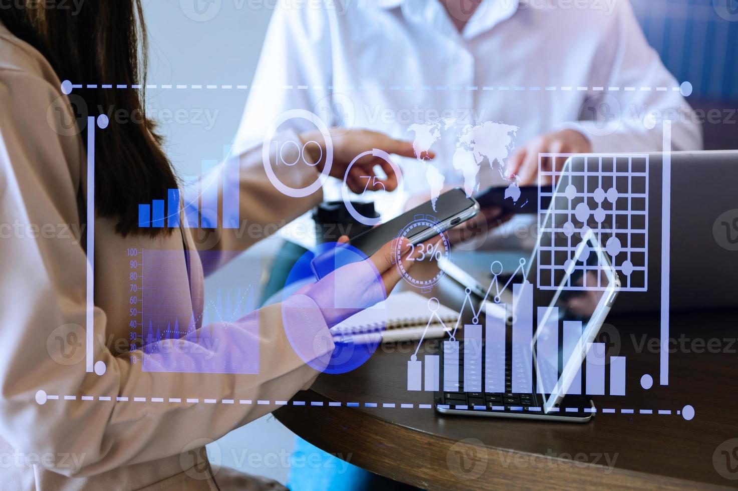 Data Management System with Business Analytics concept. business team hands working with provide information for Key Performance Indicators and marketing analysis onn photo