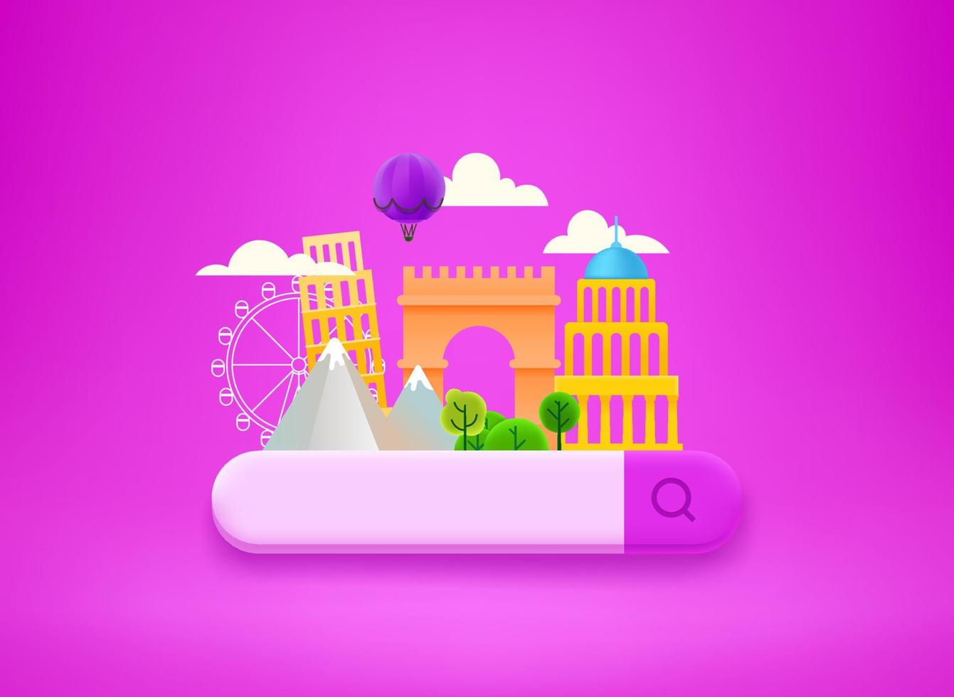 Searching for travel tour. World famous sights with searching bar. 3d vector illustration