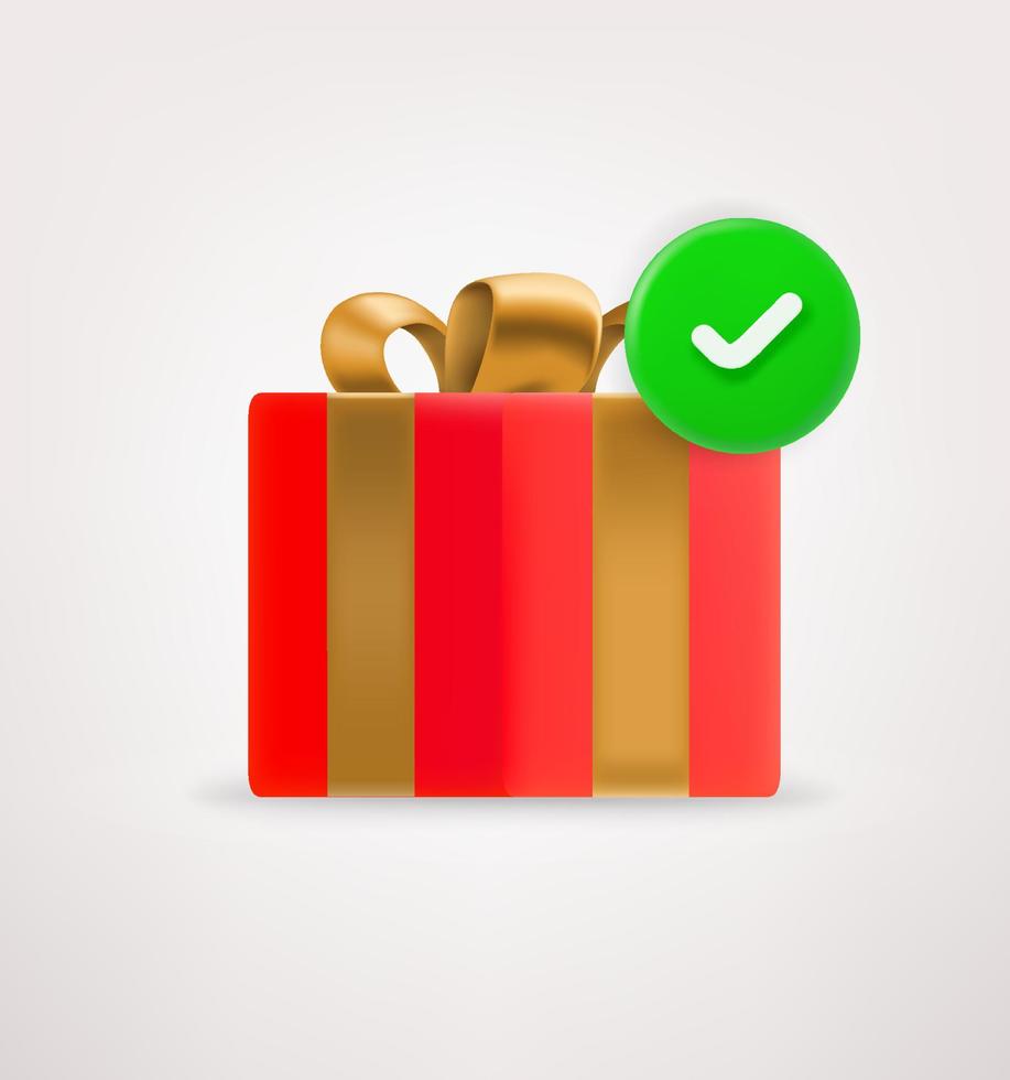 Gift box with green checkmark. 3d vector icon