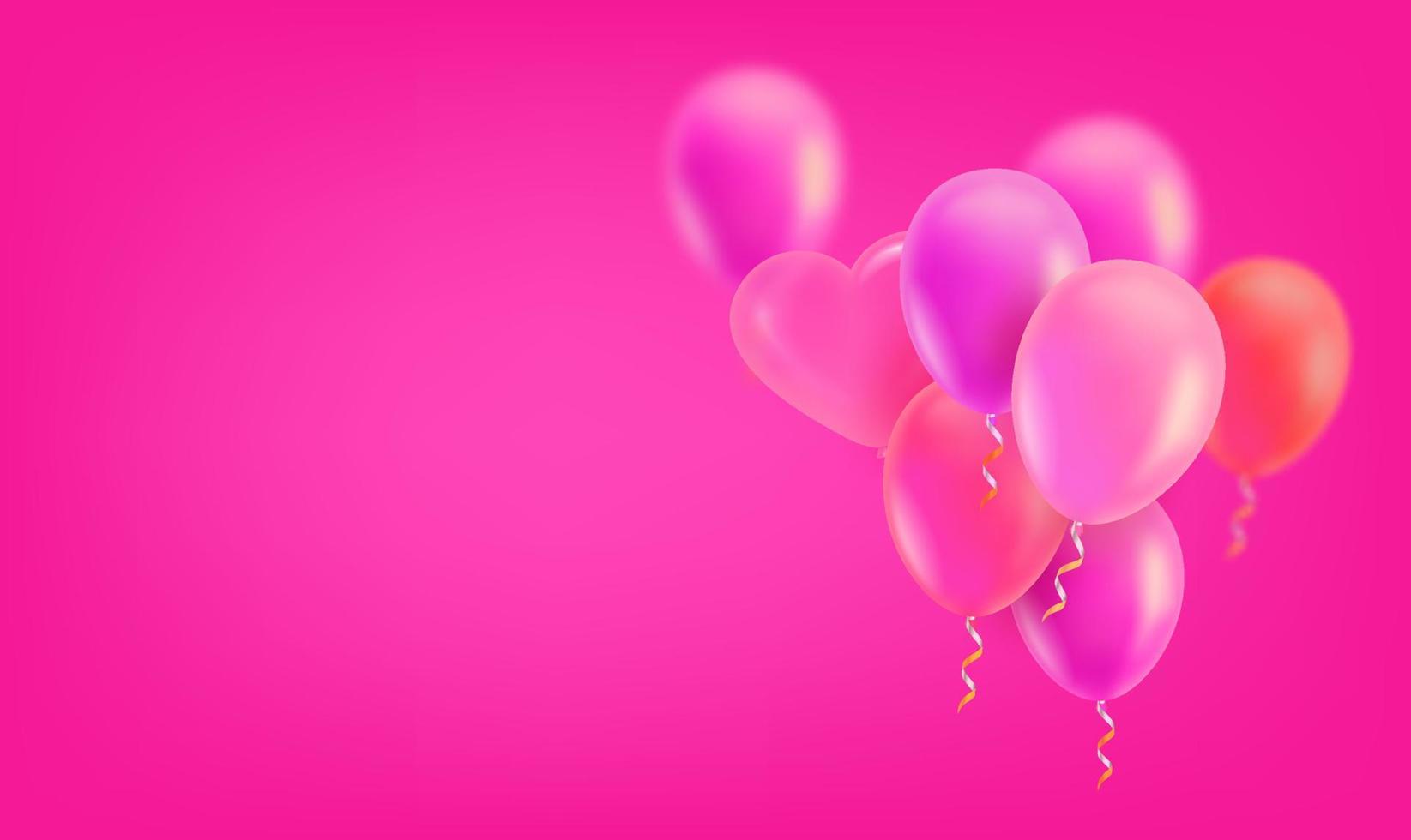 Pink air balloons on pink background. Valentines Day cad template. 3d vector banner with copy space