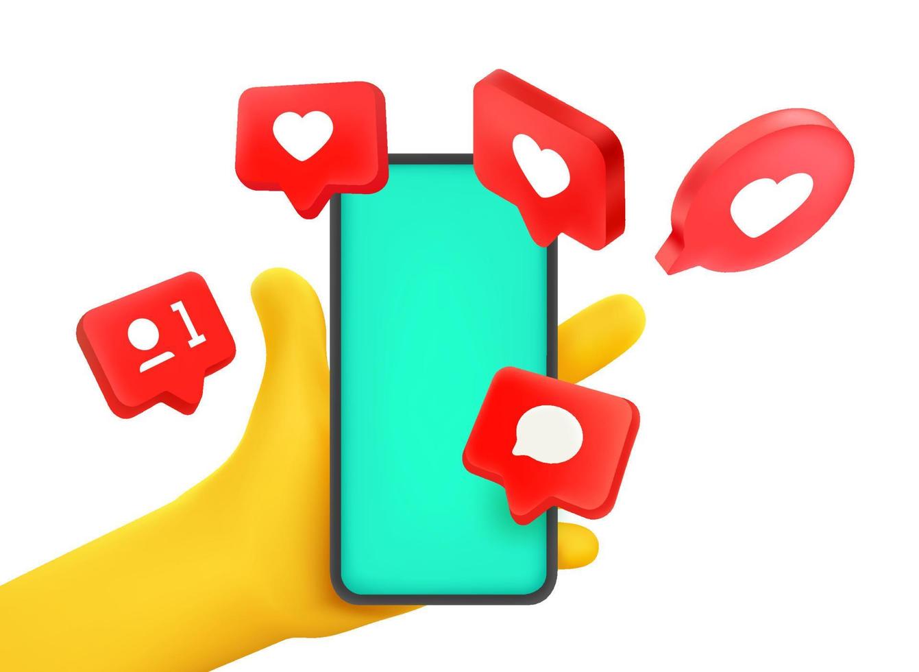 I love it concept. Man holding smartphone with love icons. 3d vector illustration