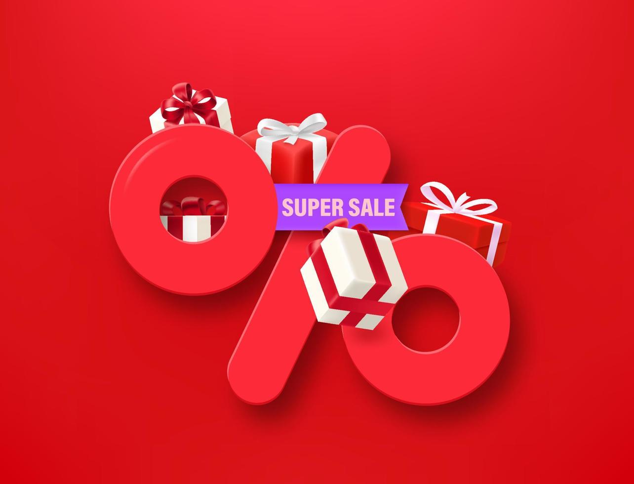 oferta comercial con signo de porcentaje y cajas de regalo. súper venta ilustración vectorial 3d vector