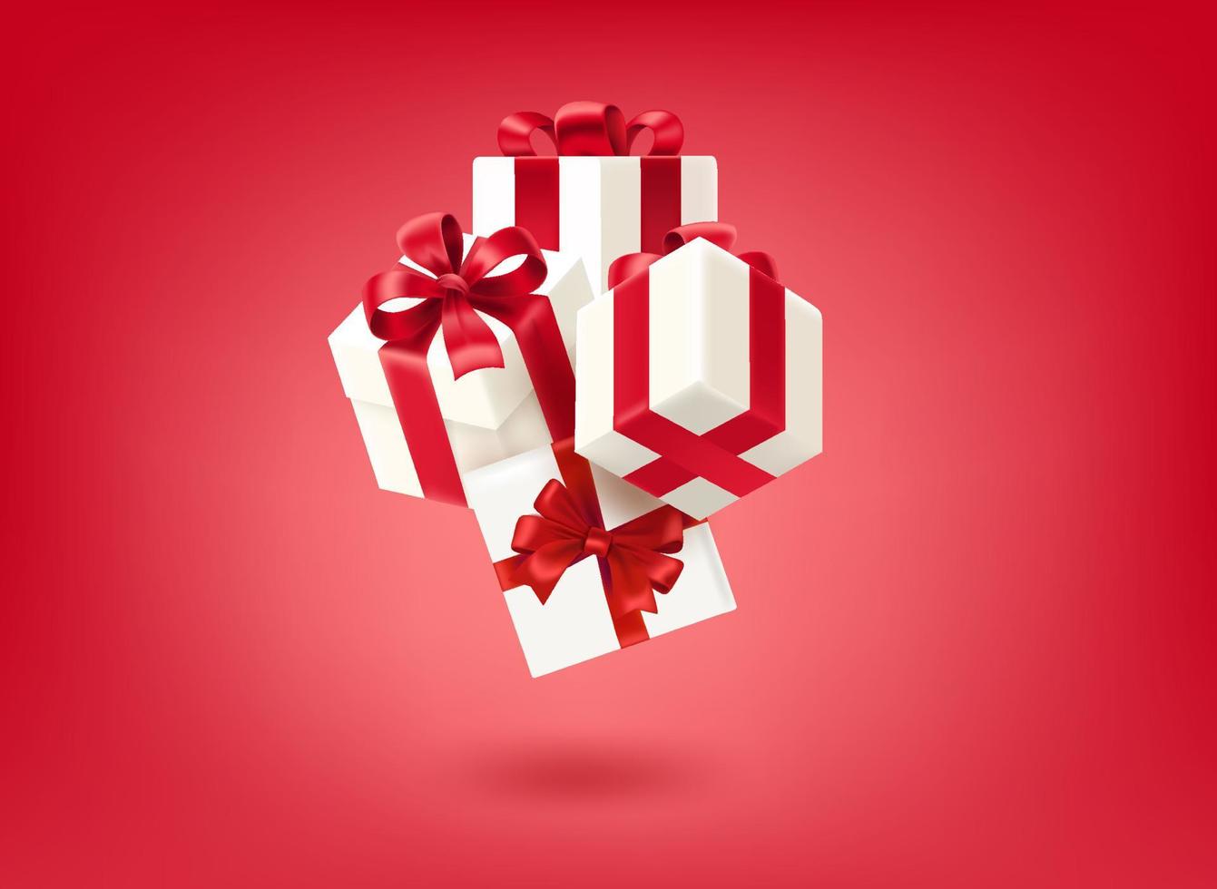 White gift boxes on red background. Holiday presents concept. 3d vector illustration