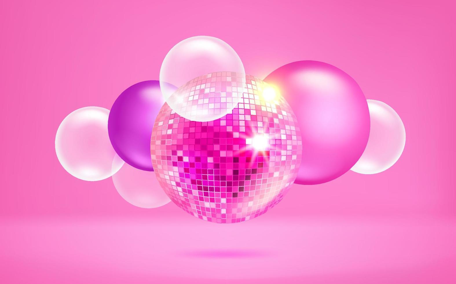 bolas de discoteca brillantes sobre fondo rosa. banner vectorial 3d con espacio de copia vector