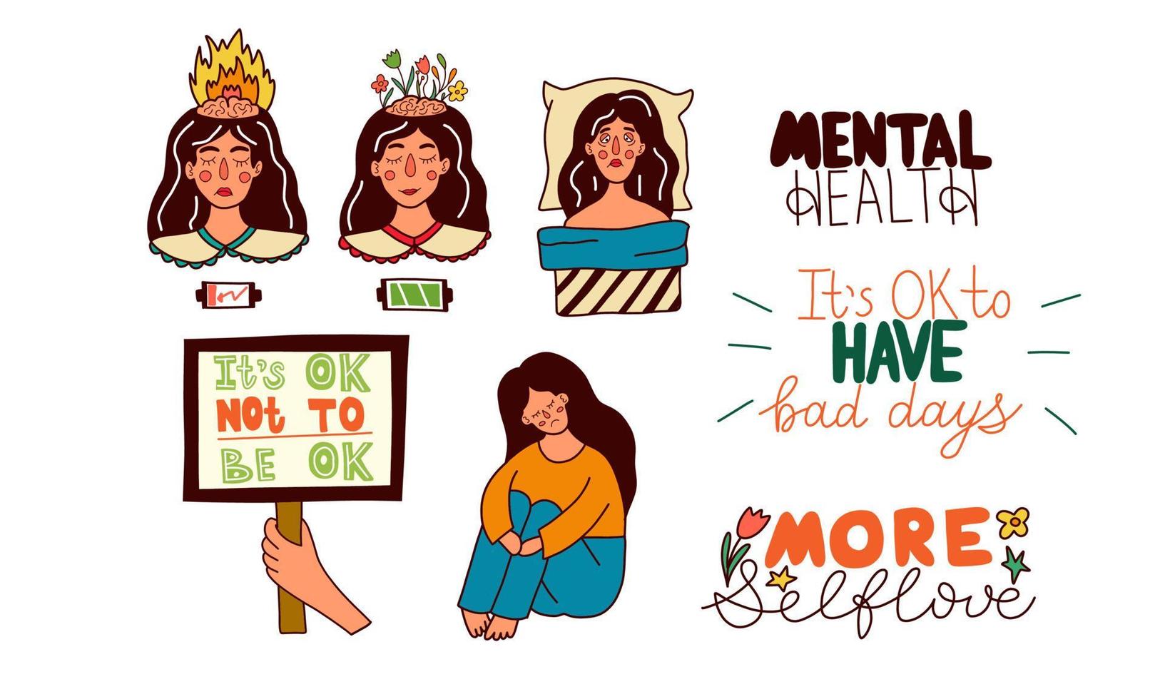 Mental health set. Girl with psychological illness, mental disorder. Motivation lettering. Vector illustration