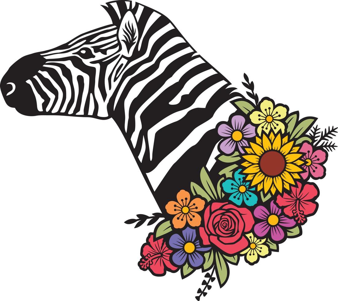 Zebra head with flowers vector illustration