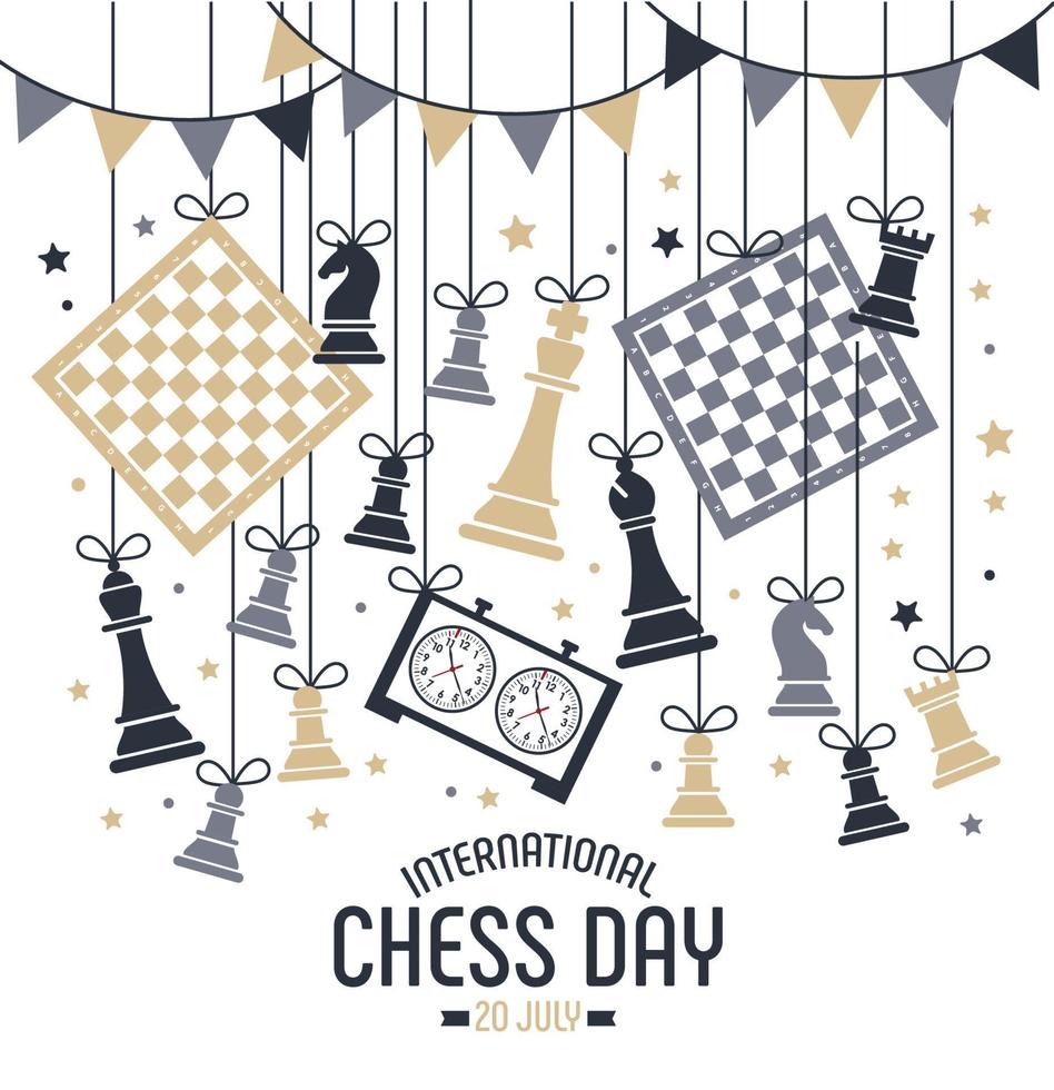 International chess day is celebrated annually on July 20, chess pieces Board and clock. Postcard. vector