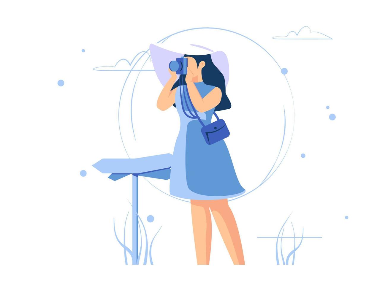 Women enjoy vacations and adventures. adventure and photo shoot. Female character concept in flat style. Vector illustration.