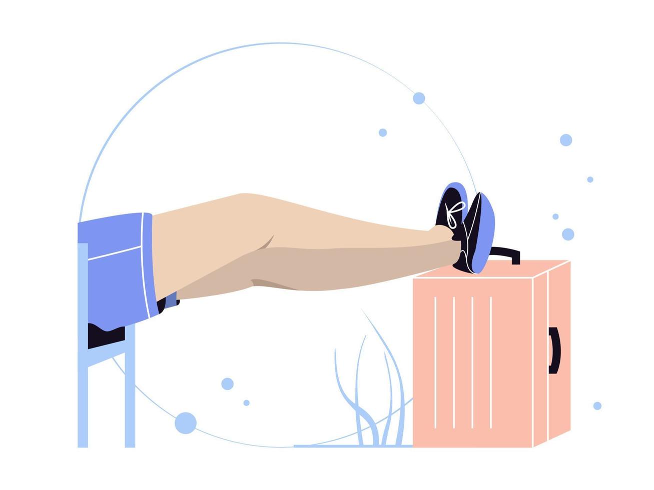 People are sitting and putting their feet on the suitcase. Go on vacation. Flat style vector illustration.