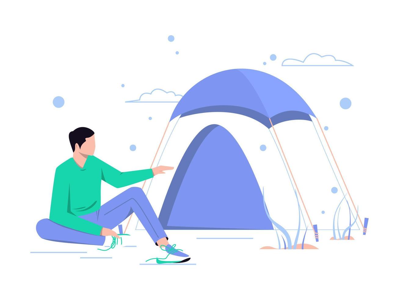 People are on vacation and enjoying adventure. Man sitting near the tent outside the room. Camping holidays. Vector illustration.