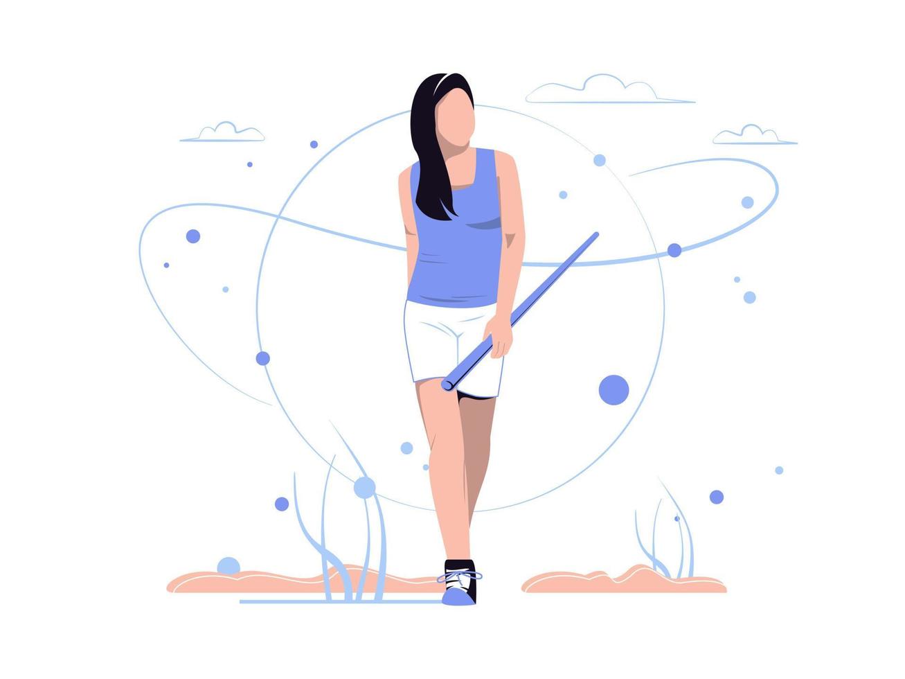 Woman holding stick is on vacation and enjoying walks in nature. Character concept isolated in flat style. Vector illustration.