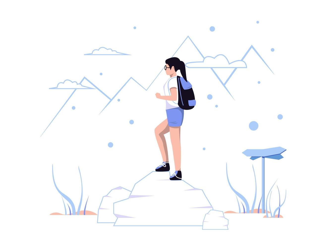 Holidays and adventures. Woman standing on rock. Character concept isolated in flat style. Vector illustration.